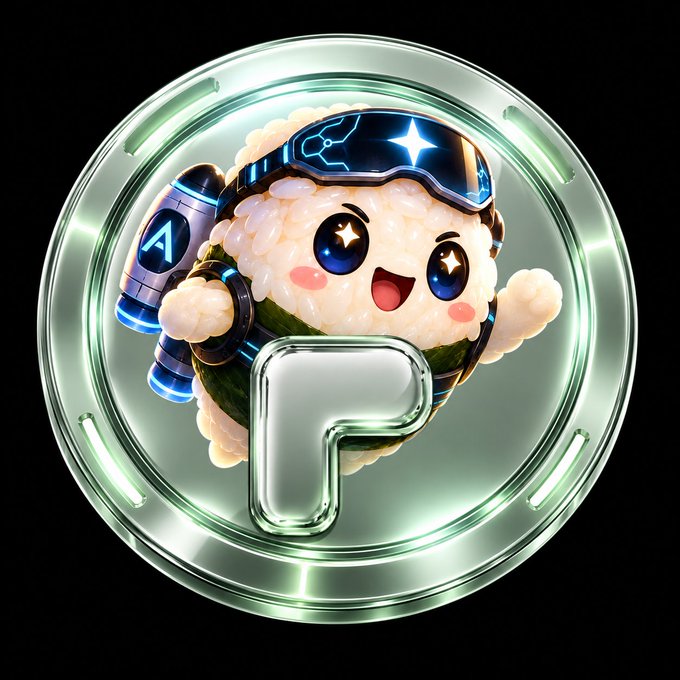 A cute cartoon sushi character with sparkly eyes wearing blue goggles and a jetpack, displayed within a green glass-like circular badge with a 'P' letter.