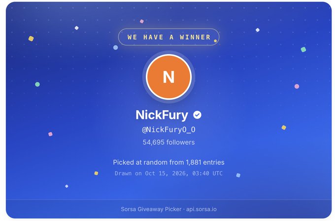 A Sorsa Giveaway Picker winner announcement displays '@NickFury0_0' as the winner, drawn from 1,881 entries on Oct 15, 2026.
