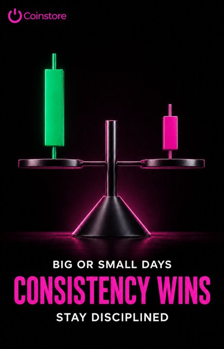 A Coinstore-branded promotional graphic featuring a balance scale with a tall green candle outweighing a shorter pink candle, accompanied by the text "BIG OR SMALL DAYS — CONSISTENCY WINS — STAY DISCIPLINED," visually reinforcing the post's message about disciplined risk management and trusting one's process through market volatility.