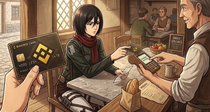 An anime-style illustration of a character resembling Mikasa from Attack on Titan paying with a Binance credit card at a café.