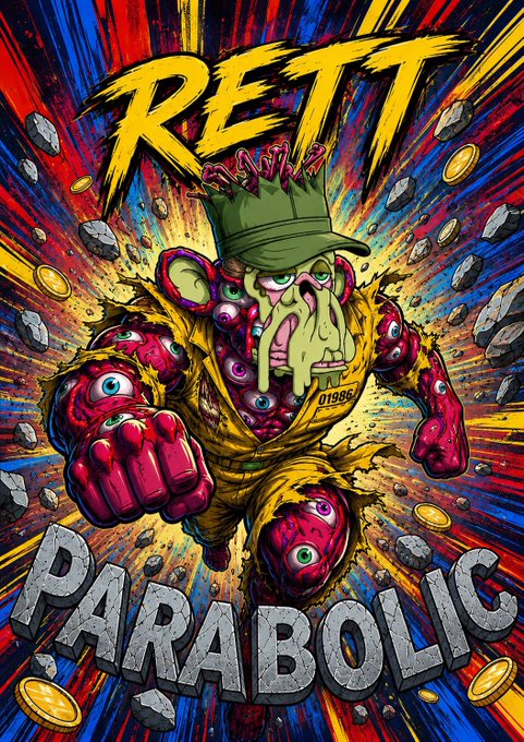 A vibrant, cartoonish illustration of a yellow-clad character with a distorted face covered in eyes and a green crown, with the text 'RETT' and 'PARABOLIC' surrounding the explosive scene.
