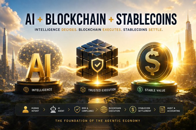 Promotional graphic for 'AI + BLOCKCHAIN + STABLECOINS' featuring three golden pedestals labeled 'INTELLIGENCE', 'TRUSTED EXECUTION', and 'STABLE VALUE' against a futuristic cityscape, with the tagline 'THE FOUNDATION OF THE AGENTIC ECONOMY'.