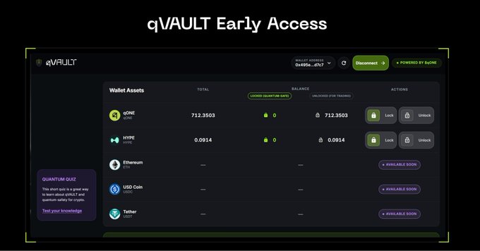 The screen shows an early access page for Q Vault Early Access tokens, a tool used by QLabs for trading and managing cryptocurrency assets. The main focus of the screen is a list containing details about the early access options available within Q Vault. There are several coins featured in this listing, along with information about their values, market caps, and symbols. The screen also provides instructions on how to use these tokens as well as information on when they were created.