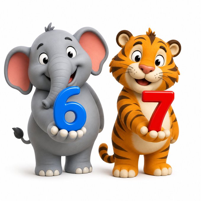 The image shows a cartoon elephant holding a blue number "6" and a cartoon tiger holding a red number "7," visually representing the "SixSeven" app name mentioned in the post, which appears to be a popular trending Telegram Mini App.