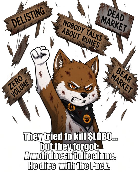 Cartoon illustration of a battle-scarred Shiba Inu dog with a raised fist wearing a Bitcoin bandana, surrounded by wooden signs reading 'DELISTING,' 'NOBODY TALKS ABOUT RUNES,' 'DEAD MARKET,' 'BEAR MARKET,' and 'ZERO VOLUME,' with text: 'They tried to kill $LOBO... but they forgot: A wolf doesn't die alone. He dies with the Pack.'
