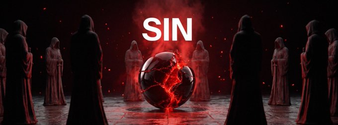 Dark fantasy image with hooded figures surrounding a cracked black orb, with the word 'SIN' displayed prominently.