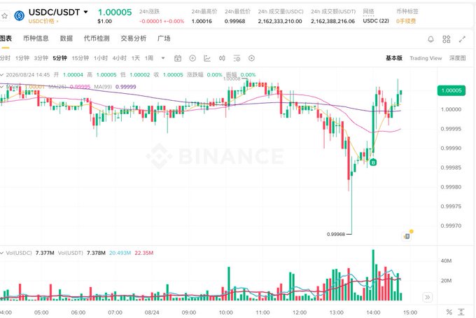 A cryptocurrency trading chart on Binance displaying the USDC/USDT pair at 1.00005, showing 24-hour candlestick data with minor price fluctuations.