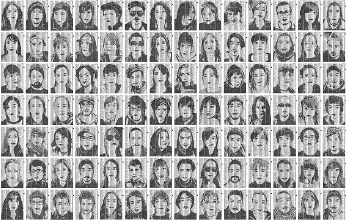 A grid of approximately 100 grainy, black-and-white, low-resolution portrait photos of various people, resembling AI-generated or pixelated face samples.