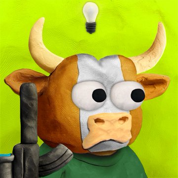 A 3D-rendered cartoon cow character with large googly eyes and prominent horns wears a green shirt against a yellow-green background, with a glowing lightbulb above its head suggesting an "aha!" moment—visually echoing the "Collectors Collect Clay UP!" post by depicting a quirky, collectible-style claymation figure ready for a new idea or addition.