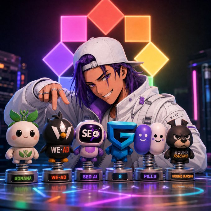 A stylized anime-style character with purple hair wearing a white cap, posing behind six collectible spring-mounted figurines labeled 'GONANA,' 'WE-AD,' 'SEO AI,' 'G,' 'PILLS,' and 'HOUND RACING,' set against a neon city backdrop.