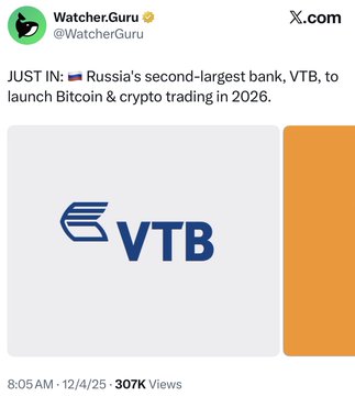 A tweet from Watcher.Guru (@WatcherGuru) reading: 'JUST IN: 🇷🇺 Russia's second-largest bank, VTB, to launch Bitcoin & crypto trading in 2026,' featuring the VTB logo.