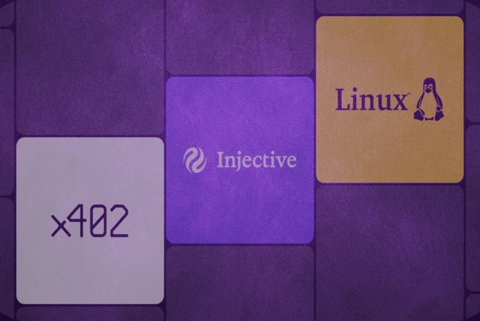 A stylized image featuring three tiles displaying the logos and names "x402," "Injective," and "Linux" against a purple background, illustrating Injective's new role as a core member of the x402 Foundation under the Linux Foundation.