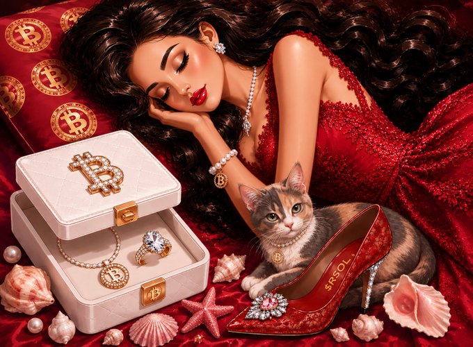 A woman in a red dress lies among Bitcoin-themed cushions, jewelry, and seashells next to a red high heel and a kitten adorned with a Bitcoin medallion.