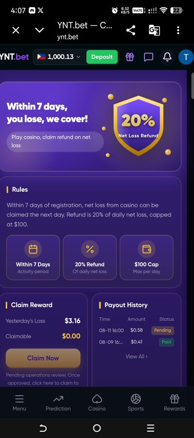 A mobile screenshot of the YNT.bet casino website displaying a '20% Net Loss Refund' promotion with claim rules and payout history.
