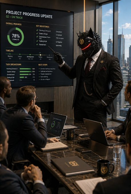AI-generated boardroom scene featuring an anthropomorphic black wolf in a suit and tie presenting a "Project Progress Update" showing 78% completion to seated executives.