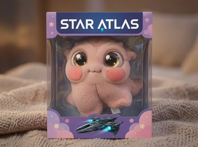 A plush toy in 'Star Atlas' branded packaging sits on a knitted blanket, featuring a pink creature and a spaceship illustration.