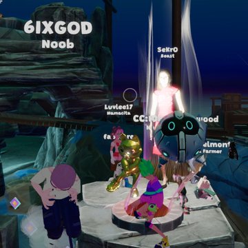 A screenshot from a video game (appears to be Sea of Thieves or similar) showing multiple player avatars gathered together, with usernames like '6IXGOD', 'SeKRo', 'Luviee17', and 'almon!' visible.