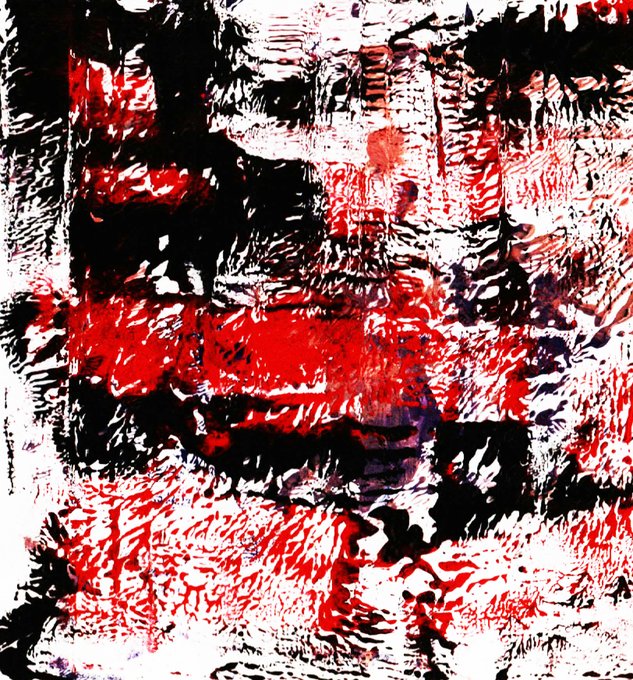 An abstract painting featuring chaotic, textured brushstrokes in vibrant red, black, and white.