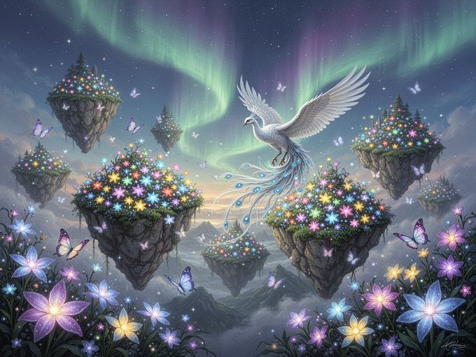 Fantasy digital artwork depicting a white peacock-like bird with flowing tail feathers perched among floating islands of glowing flowers, with butterflies and an aurora-filled night sky.