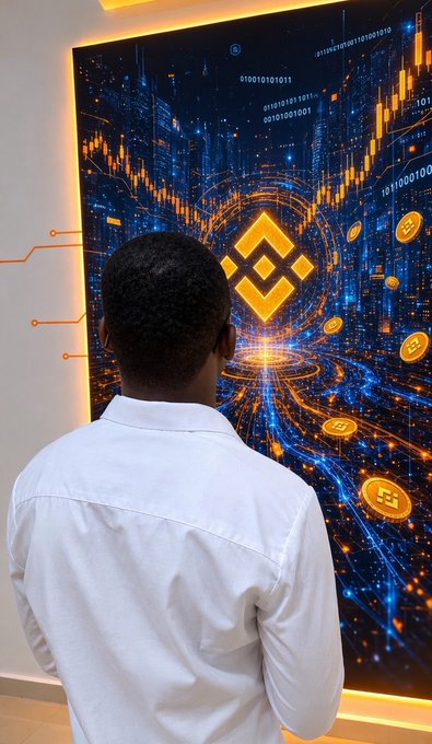 A man in a white shirt viewed from behind, looking at a large digital display featuring the Binance logo surrounded by cryptocurrency charts, bitcoin icons, and binary code.