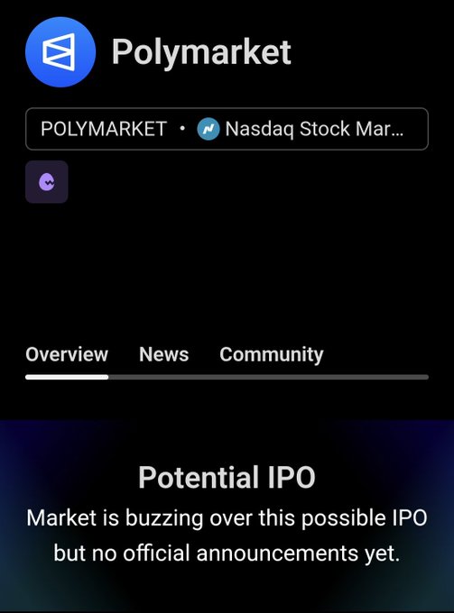 A mobile screenshot of the Polymarket app on Nasdaq Stock Market, displaying an Overview tab with a 'Potential IPO' note stating the market is buzzing but no official announcements yet.