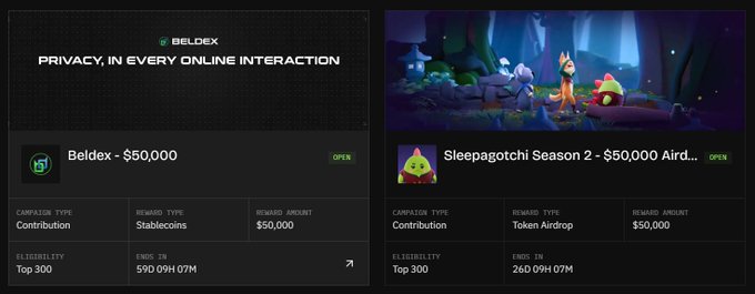 Two campaign cards displayed on a dark interface: "Beldex - $50,000" (Contribution, Top 300) and "Sleepagotchi Season 2 - $50,000 Airdrop" (Token Airdrop, Top 300).
