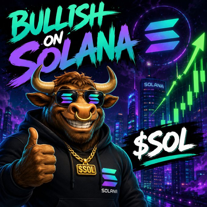 A vibrant crypto promotional graphic stating 'BULLISH ON SOLANA' featuring a cartoon bull wearing Solana sunglasses and a '$SOL' chain, a rising green candlestick chart, and the Solana logo.