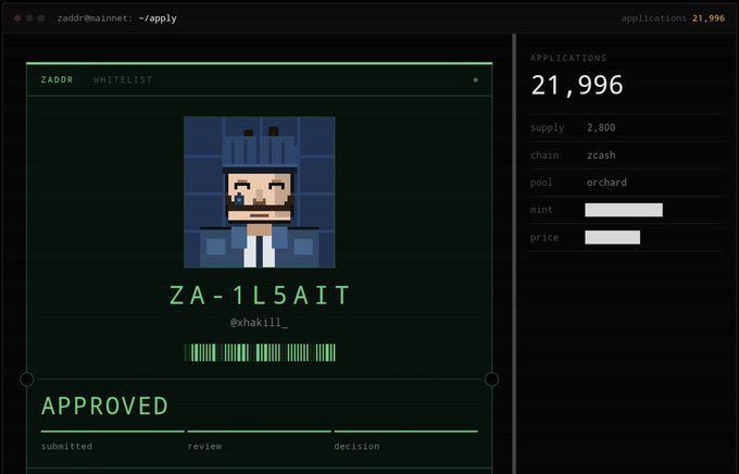 A screenshot of a ZADDR WHITELIST application showing the username 'ZA-1L5AIT' (@xhakill_) as APPROVED, with a total of 21,996 applications on the zcash Orchard pool.