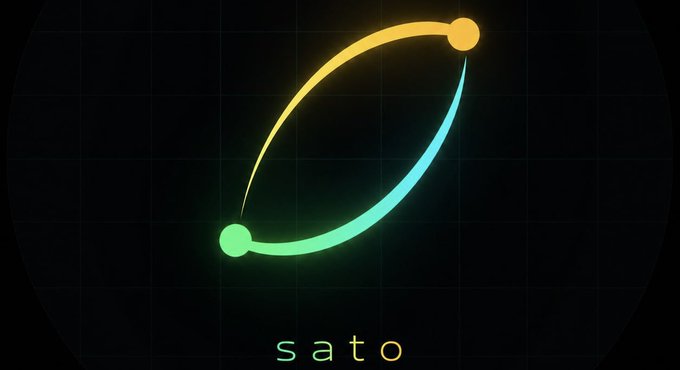A minimalist logo design featuring two curved lines forming an ellipse with yellow and teal ends, with the text 'sato' below on a dark background.
