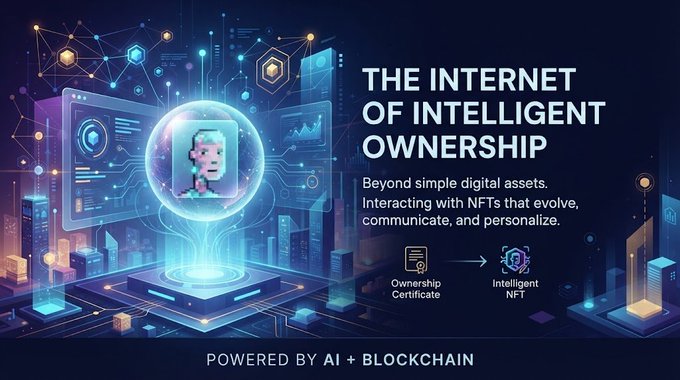 A futuristic digital promotional banner titled 'THE INTERNET OF INTELLIGENT OWNERSHIP' featuring an NFT hologram, describing intelligent NFTs that 'evolve, communicate, and personalize,' powered by AI + Blockchain.