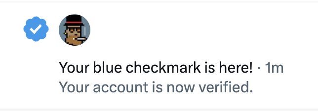 A Twitter notification reads 'Your blue checkmark is here!' and 'Your account is now verified.' next to a pixel art profile picture of a character in a top hat.