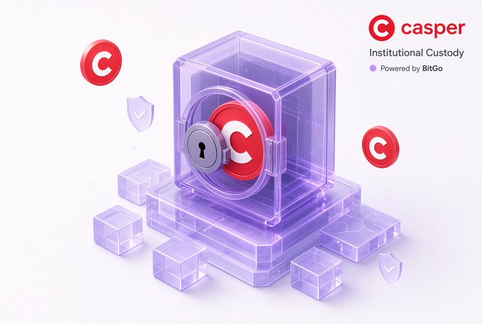 Casper's "Institutional Custody, Powered by BitGo" graphic showcases a transparent vault containing the red Casper logo secured behind a lock, accompanied by floating C tokens and shield icons symbolizing safety. The image visually reinforces the post's announcement of major milestones for $CSPR, particularly emphasizing secure, institution-grade custody as a foundation for partnerships with Visa and Google through the x402 Foundation.