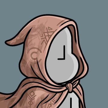 A cartoon hooded cloak figure with symbols on it, featuring a clock face instead of a head, against a gray background.