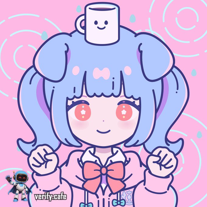 A pastel pink and blue anime-style illustration of a girl with a smiling coffee mug on her head, signed 'verify.cafe' with a small astronaut mascot in the corner.