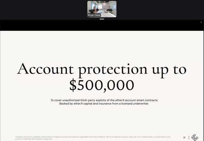 A presentation slide titled "Account protection up to $500,000" covering unauthorized third-party exploits of ether.fi account smart contracts.