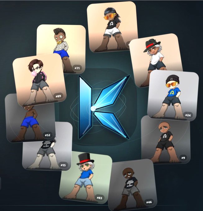 A circular arrangement of NFT-style character cards (#15, #24, #46, #52, #69, #71, #83, #9, etc.) surrounds a glowing blue crystalline "K" logo, visually representing the selective Genesis Kynari collection promoted in the post. The curated mosaic of unique avatars reinforces the tweet's theme of exclusivity—framing Kynari membership not as a numbers game but as a chosen community shaping Arc's early future.