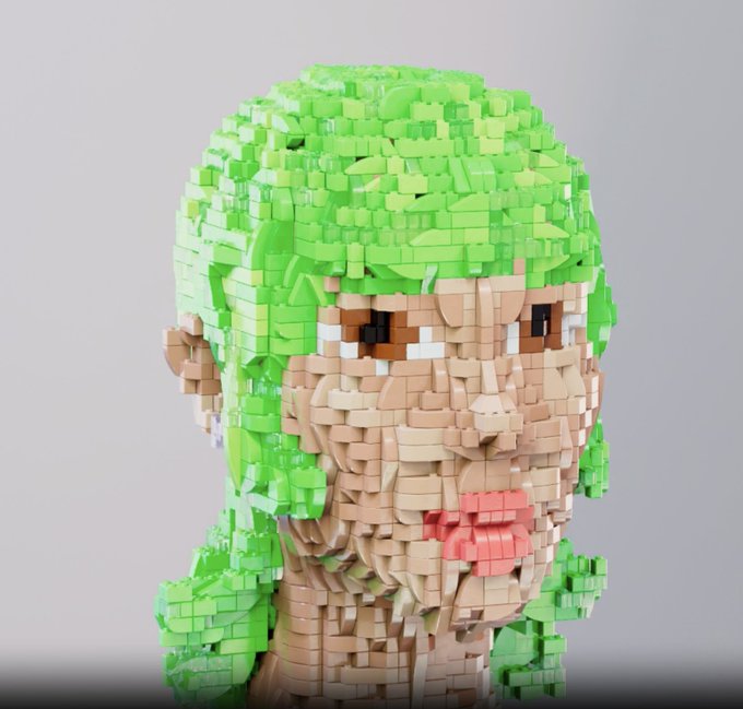 A 3D voxel art sculpture of a girl's head and shoulders, constructed entirely from small interlocking green, tan, and red plastic bricks.