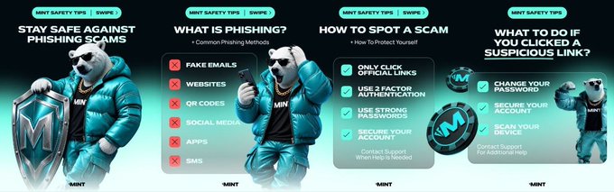 A four-panel safety guide from MINT explains how to stay safe against phishing scams, covering prevention, spotting scams, and post-click actions.