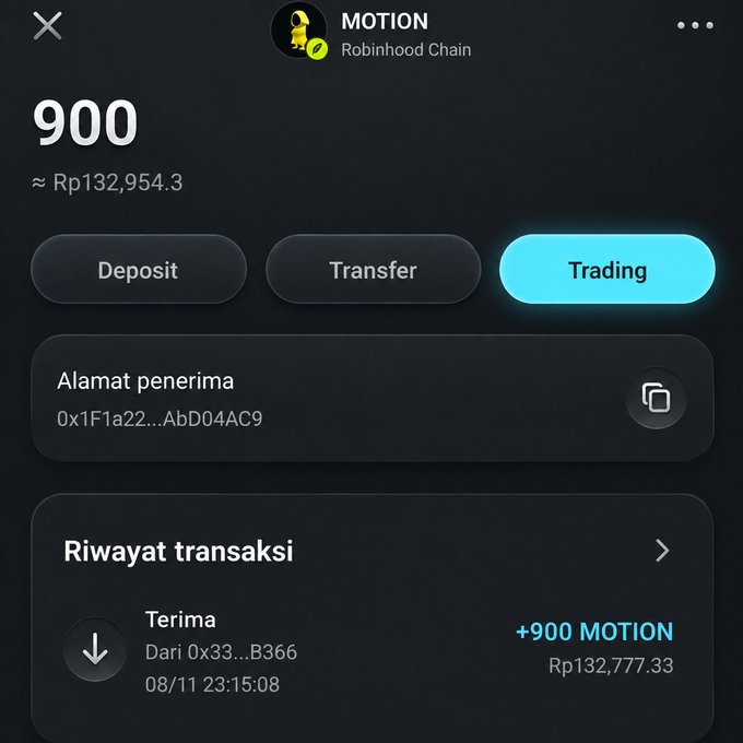 A screenshot of a cryptocurrency wallet showing a balance of 900 MOTION tokens on Robinhood Chain, with a transaction history showing a received amount of +900 MOTION dated 08/11.