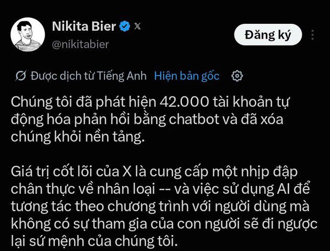 The image shows a Vietnamese-translated tweet from Nikita Bier (@nikitabier) announcing that X detected and removed 42,000 chatbot accounts coordinating replies, stating that programmatic AI interaction without human involvement contradicts the platform's mission. The accompanying post humorously compares using X to participating in a crypto testnet, relating to the chatbot crackdown as another "system check" users must endure while scrolling.