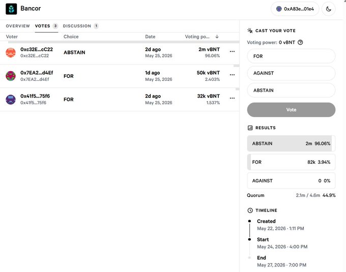 A screenshot of a desktop computer displaying a voting system for a cryptocurrency called "Bancor". The voting screen has options such as choosing which blockchain to invest in or selecting the cryptocurrency chain supported by @TacBuild and @iota, both being newer chains compared to Bitcoin's Ripple. The image also includes text that references a cryptocurrency named "@TacBuild" and a source code for the Bancor token selling system.