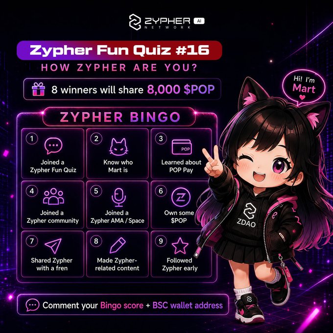 A promotional graphic for "Zypher Fun Quiz #16" with the title "HOW ZYPHER ARE YOU?" featuring an anime-style cat-girl mascot named Mart and a 3x3 Zypher Bingo card listing nine tasks (e.g., "Joined a Zypher Fun Quiz," "Know who Mart is," "Own some $POP") for participants to complete. The post appears to be a follow-up promotion for "Zypher Fun Quiz #17," continuing the bingo challenge series with an 8,000 $POP prize pool, where users comment their bingo score along with a BSC wallet address to enter.