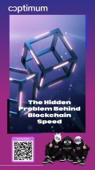 A purple promotional banner for 'optimum' titled 'The Hidden Problem Behind Blockchain Speed' featuring a QR code and small character figures.