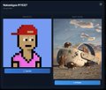 A very small, low-resolution image showing two side-by-side panels; the left panel contains a pixel-art character with a red hat, and the right panel shows a photo of seals on a beach.