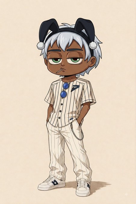 An anime-style illustration of a brown-skinned character with white hair, wearing cat-ear headband, striped button-up shirt, and white pants.