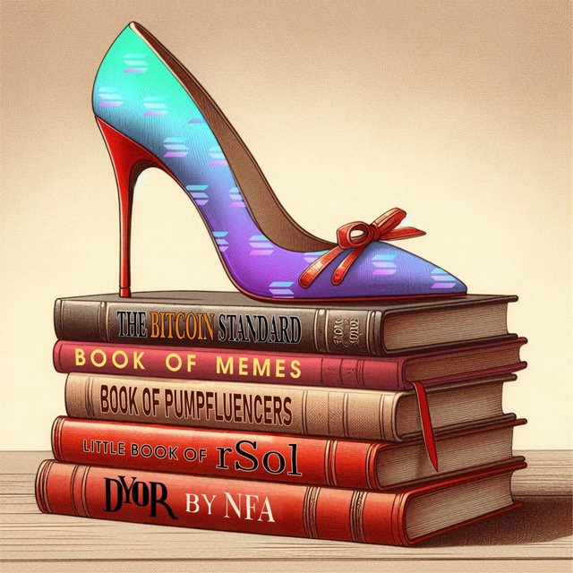An illustrated image showing a colorful gradient high-heeled shoe sitting atop a stack of books titled 'The Bitcoin Standard,' 'Book of Memes,' 'Book of Pumpfluencers,' 'Little Book of rSol,' and 'DYOR by NFA.'