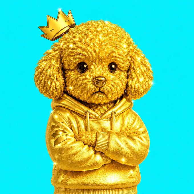A digital illustration shows a shiny golden poodle wearing a hoodie and a small gold crown against a bright turquoise background.