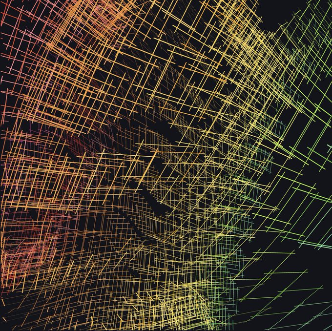 An abstract digital artwork featuring a chaotic web of intersecting yellow, orange, and red lines on a black background, creating a dense, three-dimensional grid-like structure.