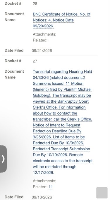 A court docket entry dated 09/21/2026 lists a 'BNC Certificate of Notice' for Docket #28, followed by a 'Transcript regarding Hearing Held 04/30/26' for Docket #27 filed by Plaintiff Michael Goldberg, dated 09/18/2026.