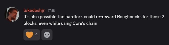 The image shows a Discord message from user "lukedashjr" at 17:18 suggesting that a hardfork could re-reward Roughnecks for 2 blocks even while using Core's chain, with 4 reactions on the heart emoji. The accompanying comment sarcastically highlights how Bitcoin Cash's leader could arbitrarily reassign mining rewards, which aligns with lukedashjr's message about re-rewarding Roughnecks miners.